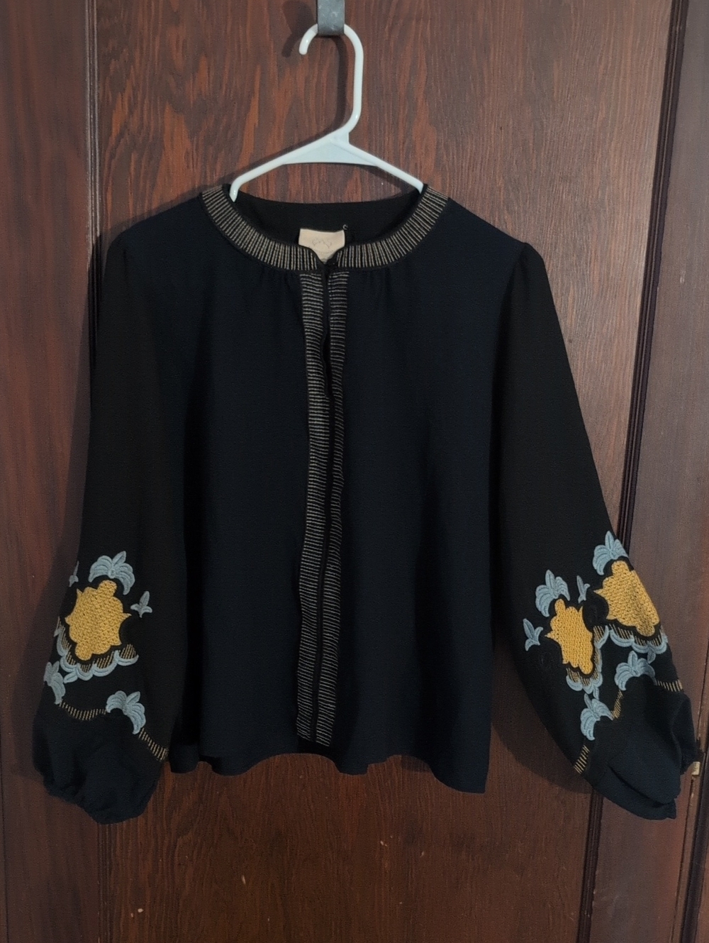 Black Embroidered Puff-Sleeve Blazer Jacket with Yellow Floral Accents